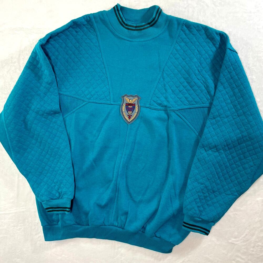 Vintage 90s Todays News Mock-neck Sweatshirt Size XL Teal Deadstock Shield Crest